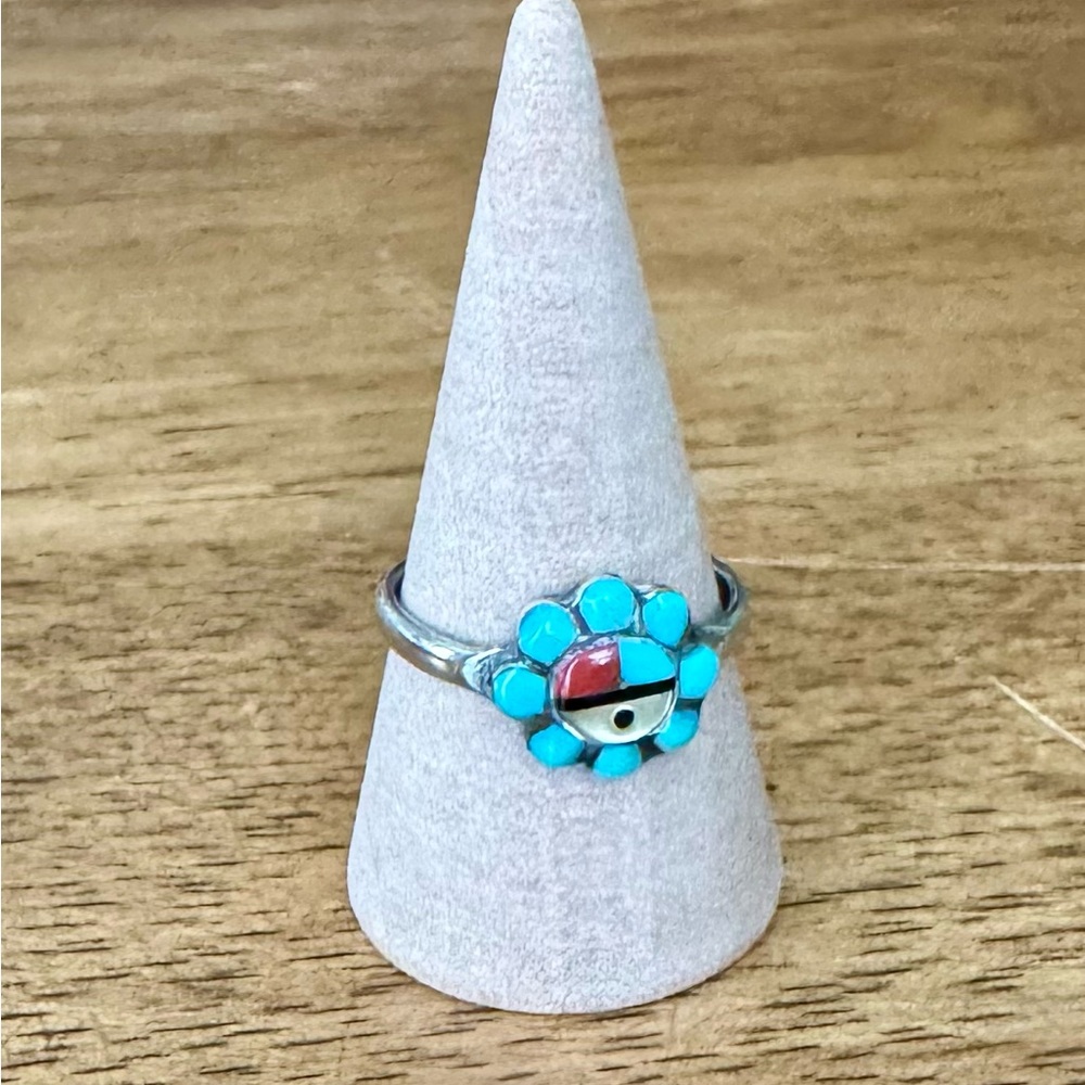Vintage Zuni Sunface Turquoise Coral Sterling Ring Native American 7